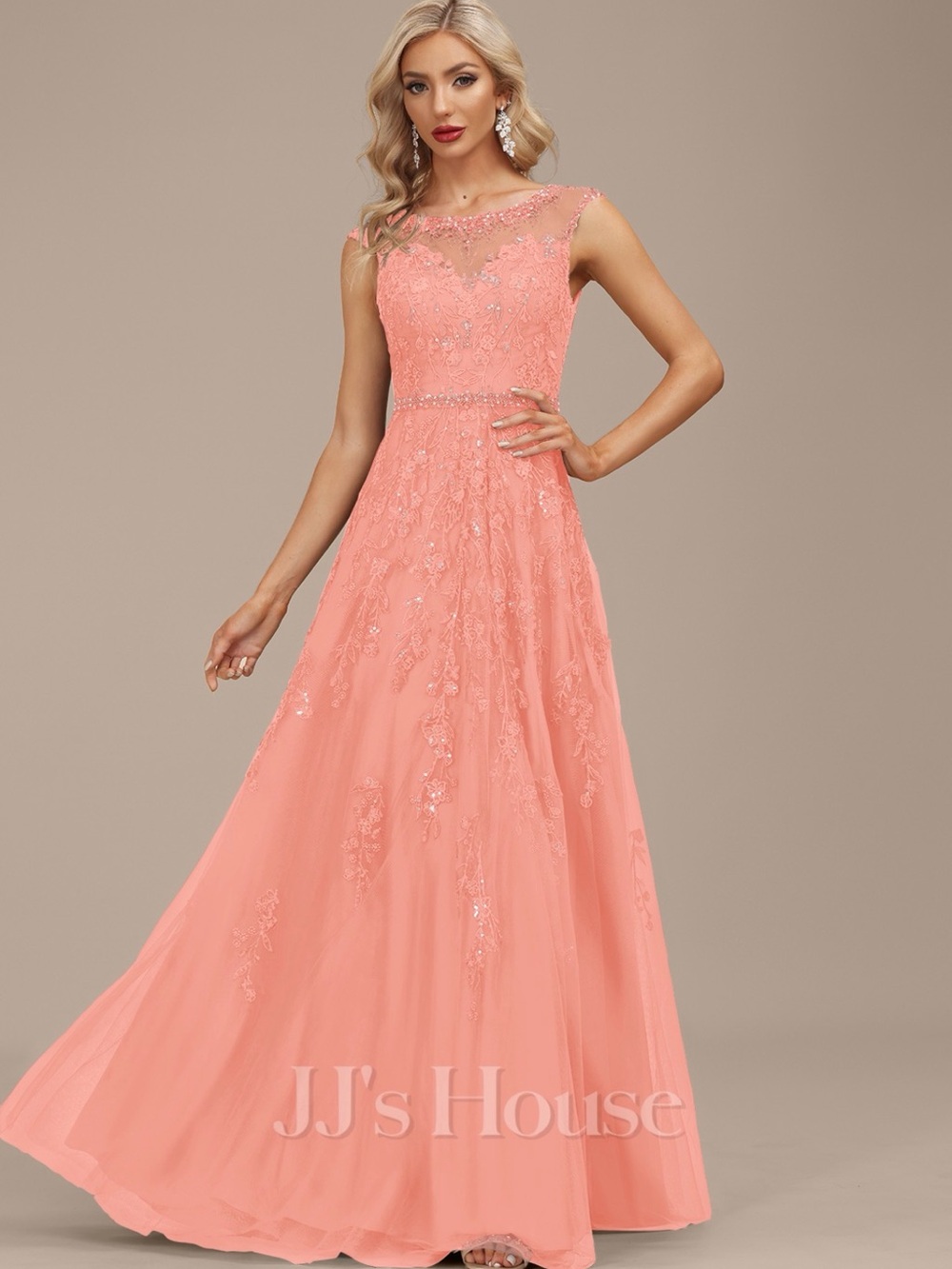 JJs House Coral Lace Applique Illusion Maxi Dress